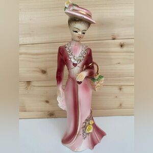 VINTAGE 10” Tall Victorian Lady Figurine Ruffled Accent Pink Dress Flower Basket